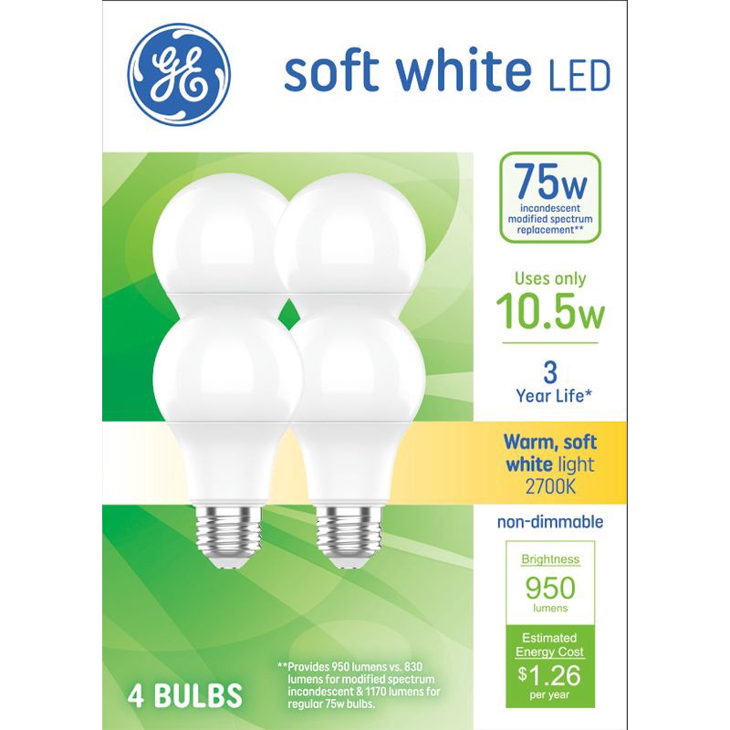 slide 1 of 3, GE Household Lighting GE 4pk 75W Soft White A19 LED Light Bulbs, 4 ct
