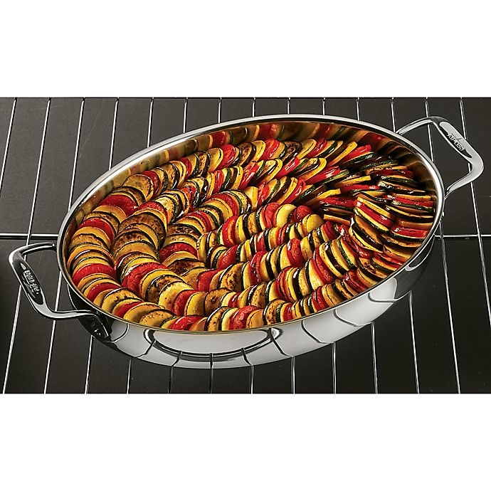 slide 4 of 5, All-Clad d3 Stainless Steel Oval Roaster with Pot Holders, 1 ct