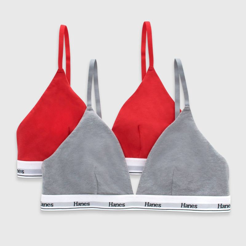 slide 1 of 7, Hanes Originals Women's 2pk Stretch Cotton Triangle Bralette MHT102 - Red/Gray XL: Adjustable Strap, Unlined Cup, Low Coverage, 2 ct