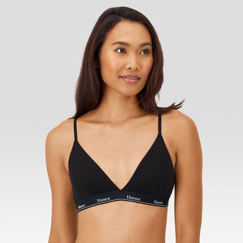 slide 2 of 7, Hanes Originals Women's 2pk Stretch Cotton Triangle Bralette MHT102 - Black/Camel L: Adjustable Strap, Unlined Cup, 2 ct