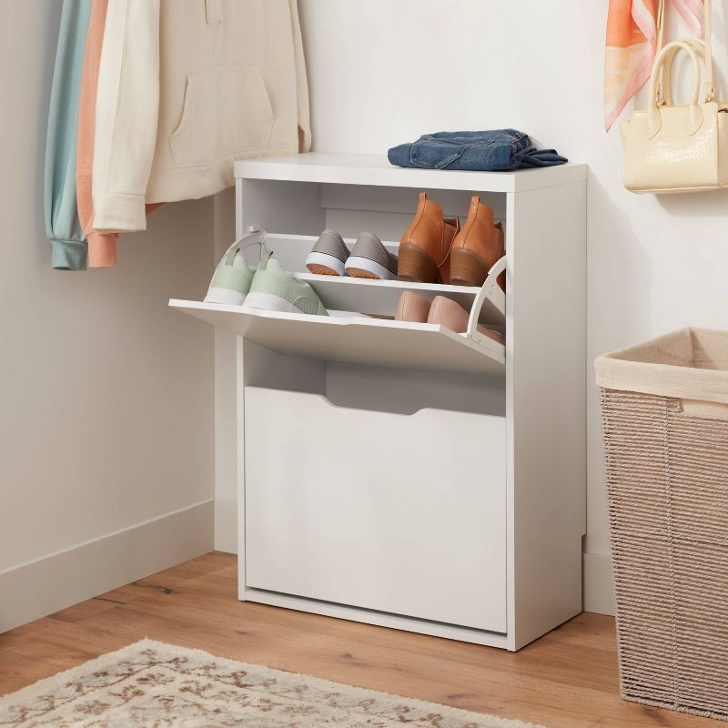 slide 2 of 3, Laminate Pivot Open Shoe Cabinet White - Brightroom™: Shoe Organizer, Holds 12 Pairs, Wood Laminate, Freestanding, 1 ct