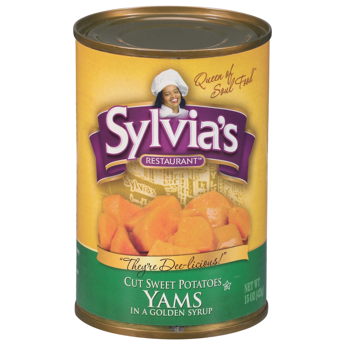 slide 1 of 9, Sylvia's Restaurant Cut Sweet Potatoes Yams in a Golden Syrup 15 oz, 15 oz