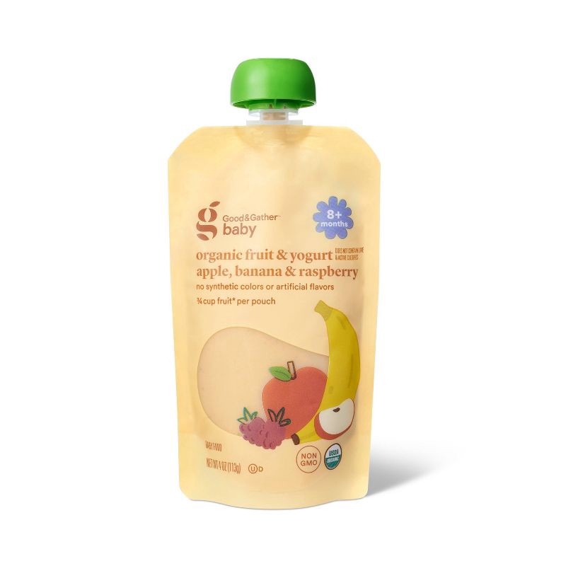 slide 1 of 4, Organic Apple Banana Raspberry Yogurt Baby Food Pouch - 4oz - Good & Gather™, 4 oz
