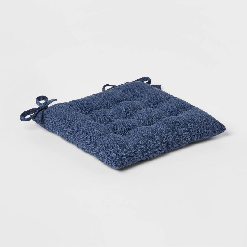 slide 1 of 3, Denim Solid Chair Pad Seat Cushion Blue - Threshold™: Indoor Kitchen Chair Cushions, Cotton & Polyester, 15"x15", 1 ct