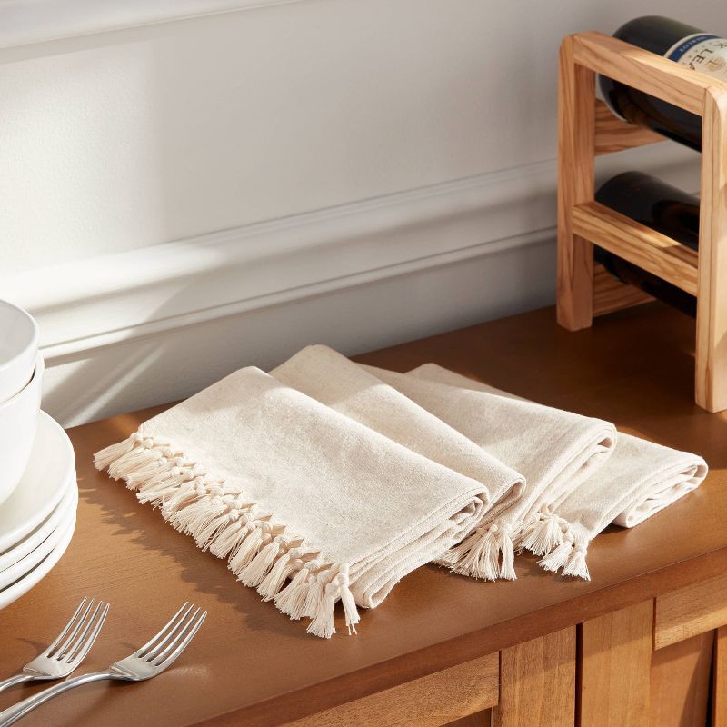 slide 2 of 3, 4pk Cotton Slub with Tassel Trim Tied Fringe Napkin Light Beige - Threshold™: Cloth & Linen Kitchen Textiles, OEKO-TEX Certified, 4 ct