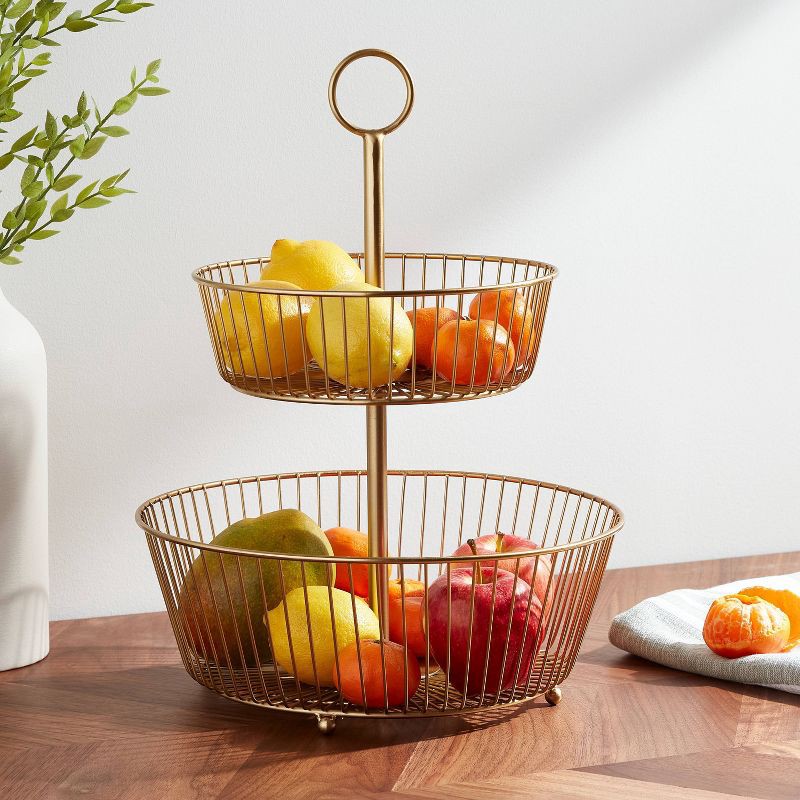 slide 2 of 3, Delavan Collection Metal Wire Fruit Basket Gold - Threshold™: Iron Round Fruit Holder Kitchen, 15.75" Height, 1 ct