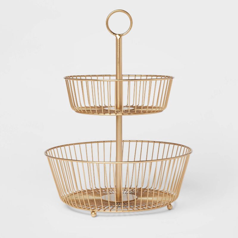 slide 1 of 3, Delavan Collection Metal Wire Fruit Basket Gold - Threshold™: Iron Round Fruit Holder Kitchen, 15.75" Height, 1 ct