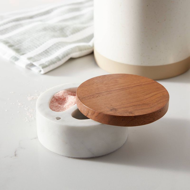 slide 2 of 3, Marble/Wood Salt & Cellar with Wooden Lid - Threshold™: Multicolored Kitchen Mortar & Pestle Accessory, 1 ct