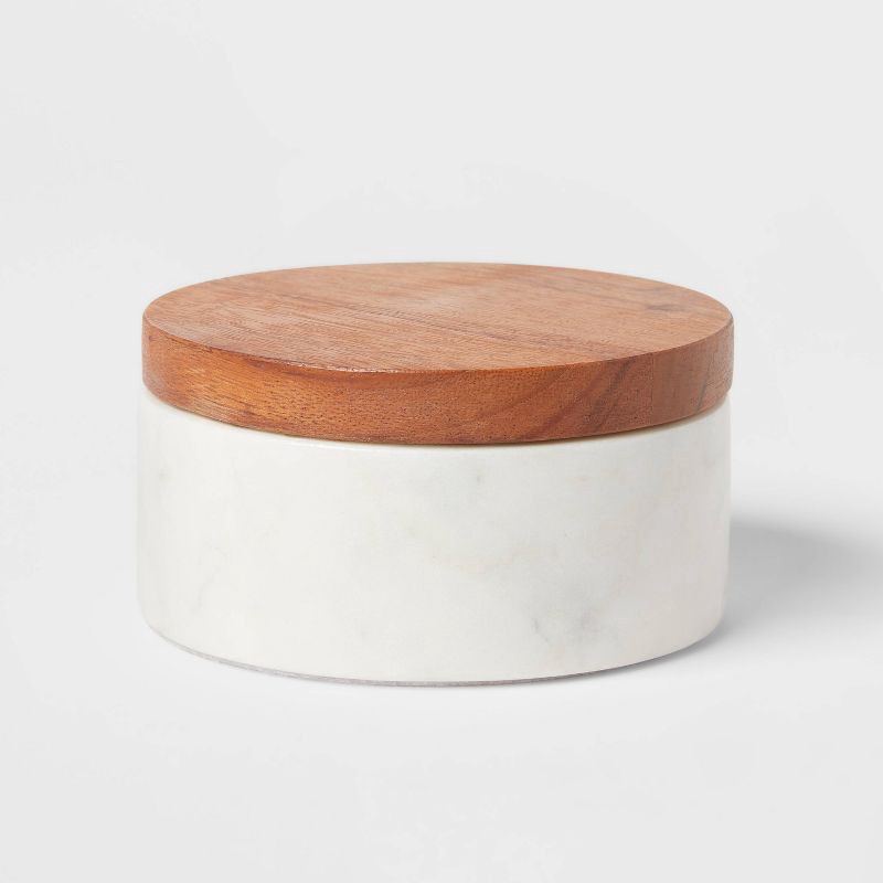 slide 1 of 3, Marble/Wood Salt & Cellar with Wooden Lid - Threshold™: Multicolored Kitchen Mortar & Pestle Accessory, 1 ct