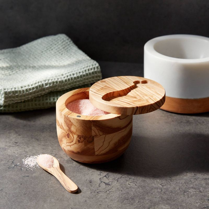slide 2 of 3, Salt Cellar With Spoon Brown - Threshold™: Wooden Pinch Bowl Set, 3.5" Diameter, 150ml Capacity, Spot Clean, 150 ml