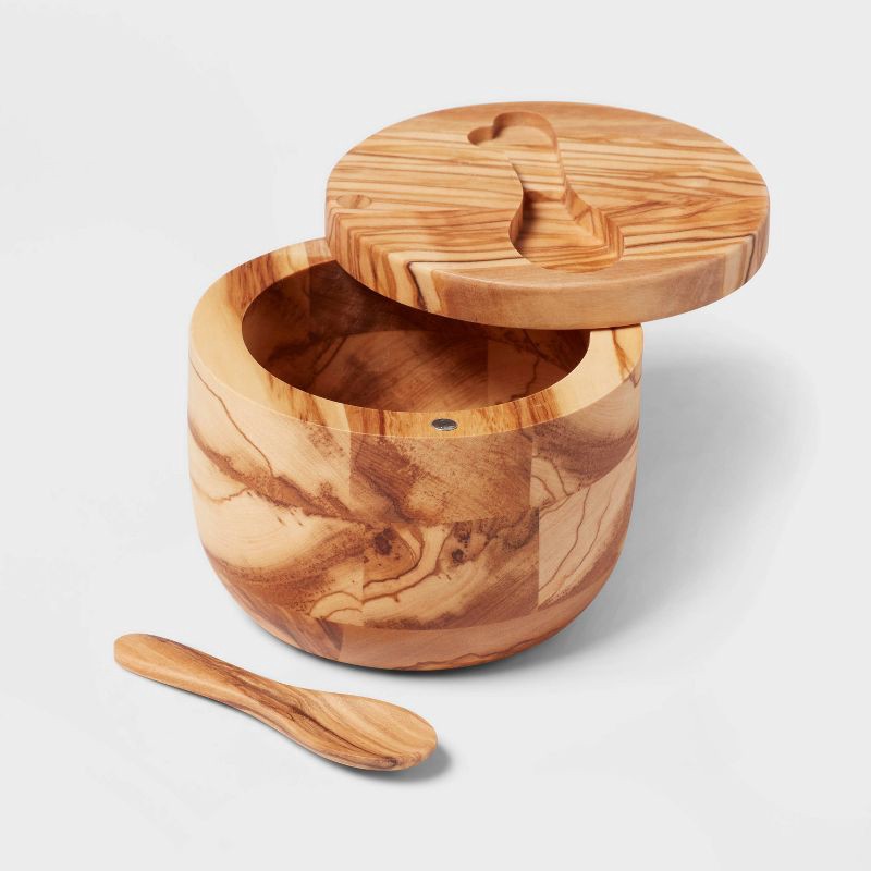 slide 3 of 3, Salt Cellar With Spoon Brown - Threshold™: Wooden Pinch Bowl Set, 3.5" Diameter, 150ml Capacity, Spot Clean, 150 ml