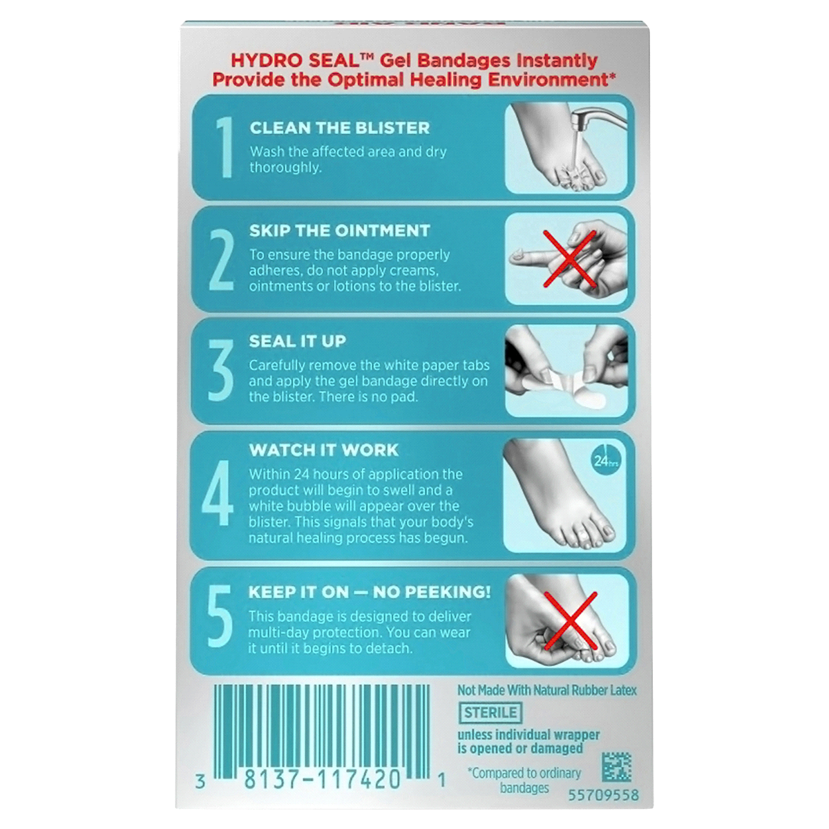 BandAid Brand Sterile Hydro Seal Waterproof Adhesive Hydrocolloid Gel Bandages for Toe & Foot