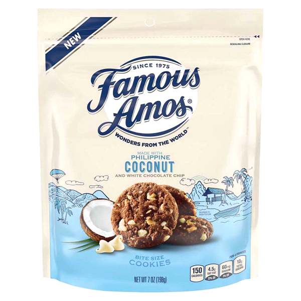 slide 1 of 1, FAMOUS AMOS WONDERS FROM THE WORLD Coconut and White Chocolate Chip Bite Size Cookies, 7 oz