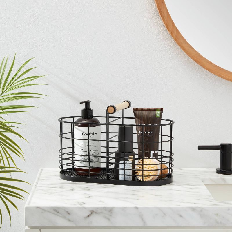 slide 2 of 3, Divided Wire Basket with Wood Handle Black - Brightroom™: Storage & Organization, Powder-Coated Iron, Oval Decorative Basket, 1 ct