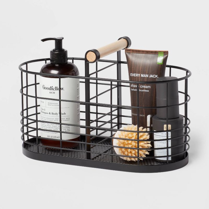 slide 3 of 3, Divided Wire Basket with Wood Handle Black - Brightroom™: Storage & Organization, Powder-Coated Iron, Oval Decorative Basket, 1 ct