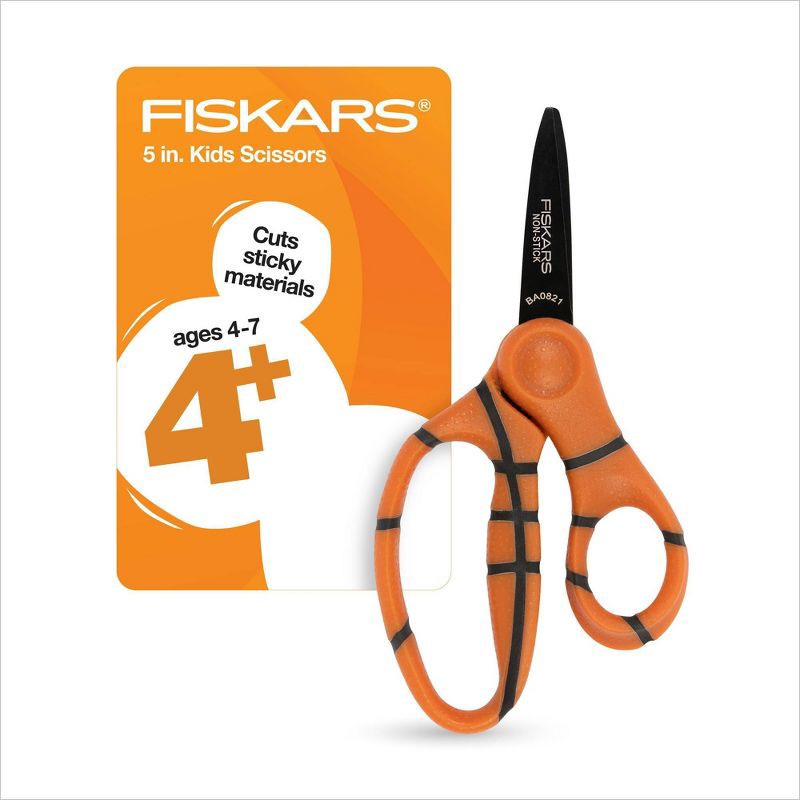 Fiskars 5" NonStick Sports Point Kids' Scissors Basketball 1 ct Shipt