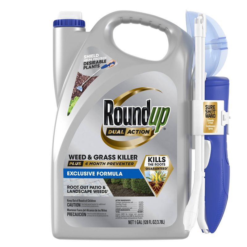slide 1 of 12, Roundup 1gal Dual Action Weed and Grass Killer with 4 Month Preventer RTU Sure Shot Wand, 1 gal