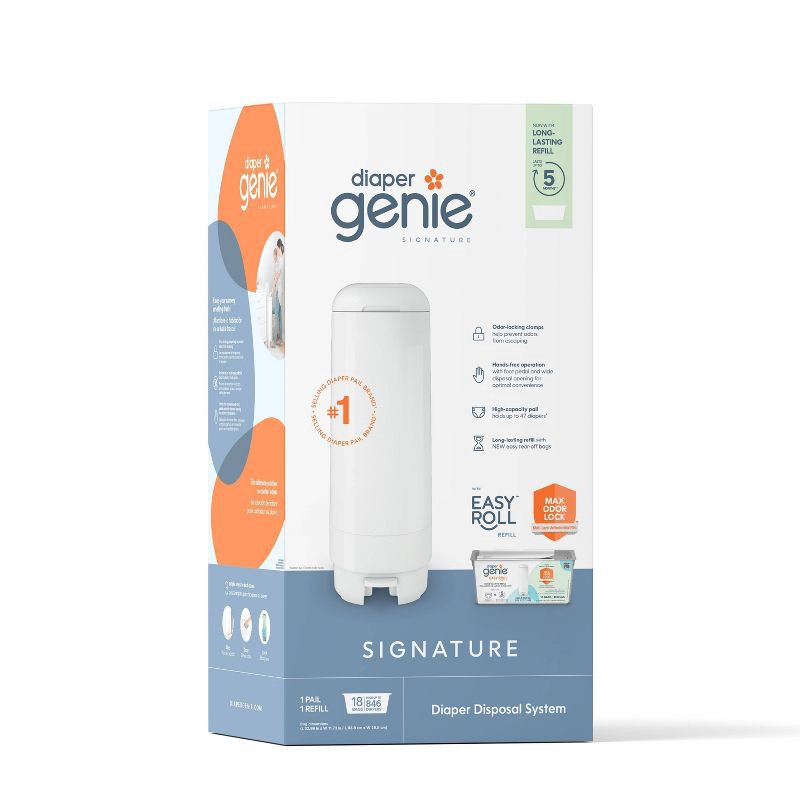 slide 1 of 9, Diaper Genie Signature Diaper Pail with 18 Bags - White, 1 ct
