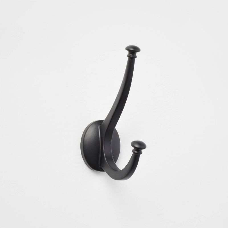 slide 1 of 3, New Traditional Double Hook Matte Black - Threshold™: Wall Hook, Zinc Alloy, 15 lb Capacity, Decorative Towel Hook, 15 lb