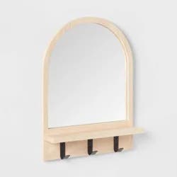 Wood Entryway Organizer with Mirror Light Wood - Brightroom™: Wall Mounted Coat Rack with Hooks
