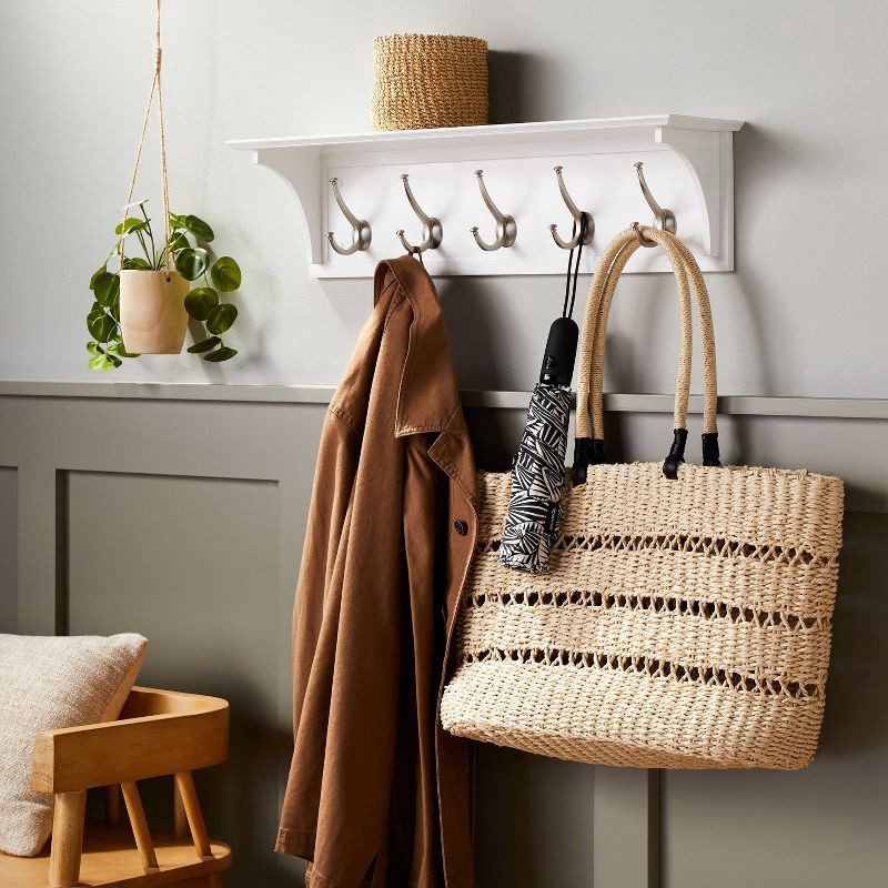 slide 2 of 3, Wood Entryway with Shelf Ivory - Threshold™: Wall Mounted Coat Rack with 5 Hooks, Silver Plated Finish, 1 ct