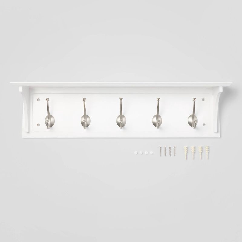 slide 3 of 3, Wood Entryway with Shelf Ivory - Threshold™: Wall Mounted Coat Rack with 5 Hooks, Silver Plated Finish, 1 ct
