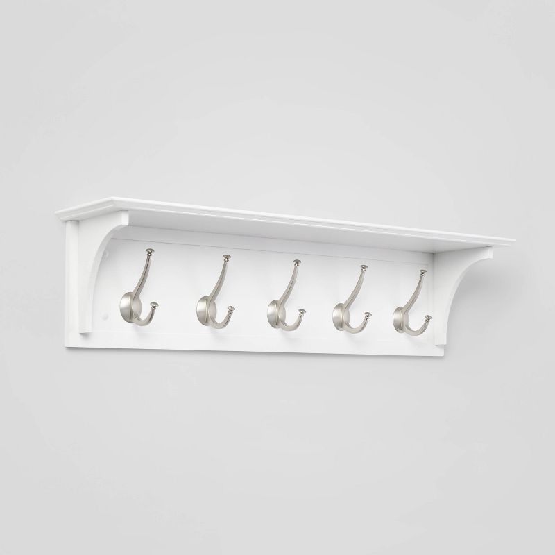 slide 1 of 3, Wood Entryway with Shelf Ivory - Threshold™: Wall Mounted Coat Rack with 5 Hooks, Silver Plated Finish, 1 ct