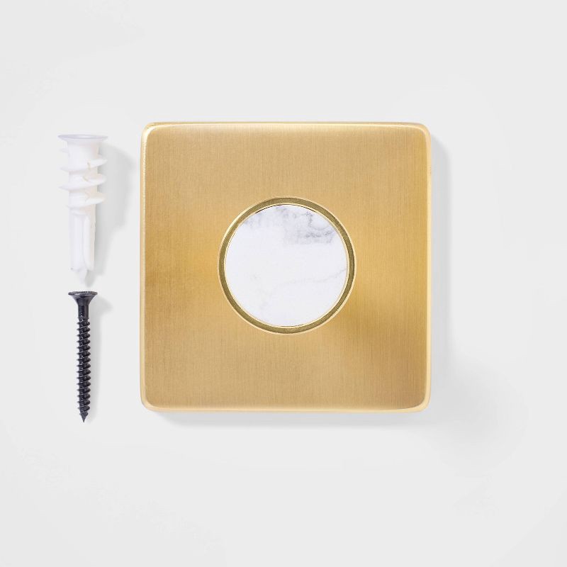 slide 3 of 3, Metal and Faux Marble Single Hook Gold - Threshold™: Wall Towel Hook, Gold Plated Decorative Hook, 10 lb Capacity, 10 lb