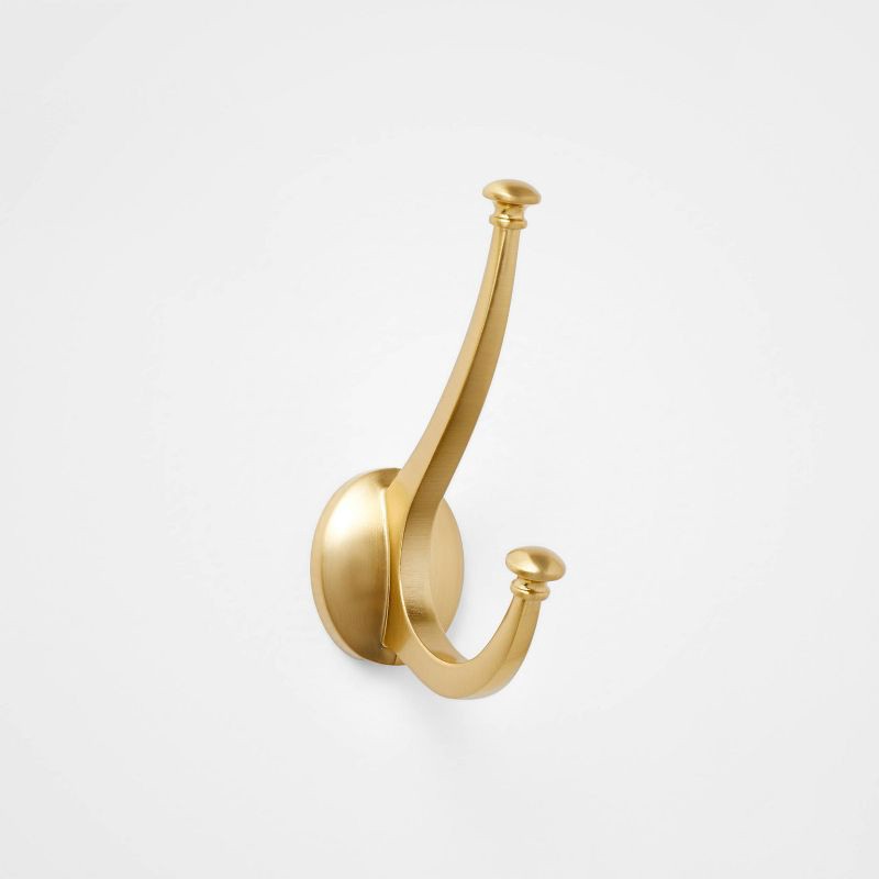 slide 1 of 3, New Traditional Double Hook Gold - Threshold™: Wall Hook, Zinc Alloy, Gold Plated, Decorative, 15 lb Capacity, 15 lb