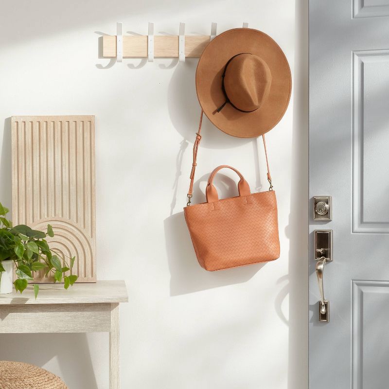 slide 2 of 3, Mixed Material 5 Hooks Rail Matte White - Brightroom™: Wall Mounted Decorative Hook Rack, Steel & Rubberwood, 22.5" Length, 1 ct