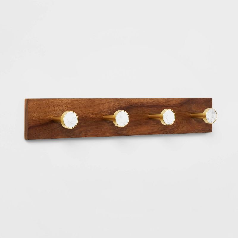 slide 1 of 3, Metal and Faux Marble 4 Gold Hooks Rail on Acacia Wood - Threshold™: Wall Mounted Decorative Coat Rack, 1 ct