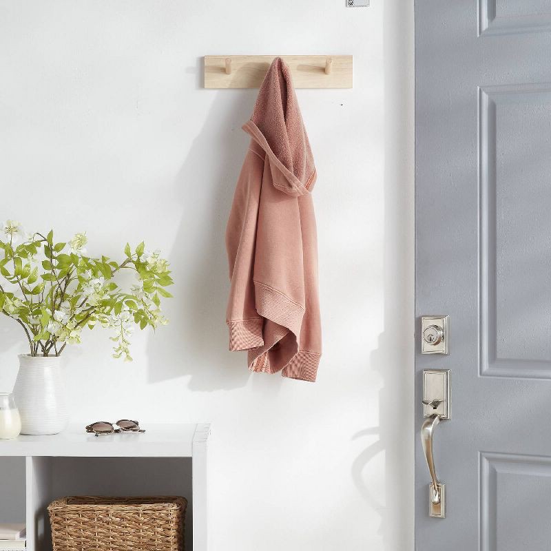 slide 2 of 3, Wood 3 Hooks Rail Natural - Brightroom™: Wall Mounted Decorative Hook Rack, Rubberwood, 13.5" Length, 3 Pegs, 1 ct