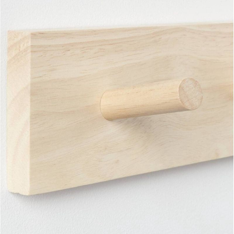 slide 3 of 3, Wood 3 Hooks Rail Natural - Brightroom™: Wall Mounted Decorative Hook Rack, Rubberwood, 13.5" Length, 3 Pegs, 1 ct