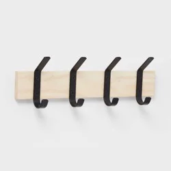 Mixed Material 4 Hooks Rail Matte Black on Light Wood - Brightroom™: Wall Mounted Decorative Rack, Iron & Rubberwood