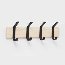 Mixed Material 4 Hooks Rail Matte Black on Light Wood - Brightroom™: Wall Mounted Decorative Rack, Iron & Rubberwood