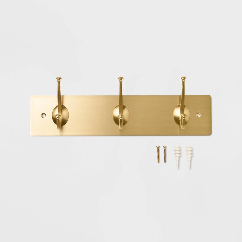 slide 3 of 3, New Traditional 3 Hooks Rail Gold - Threshold™: Wall Mounted Decorative Hook Rack, Light Gold, 40lb Capacity, 40 lb
