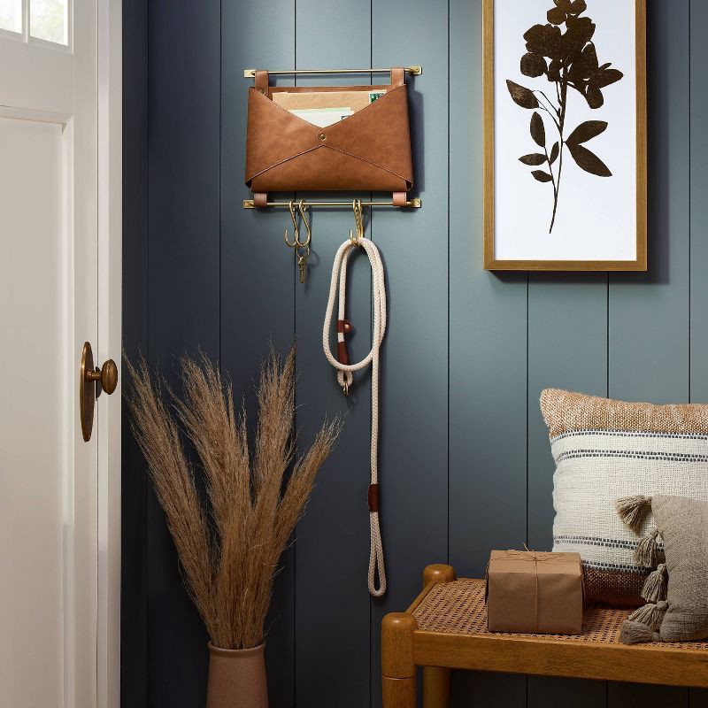 slide 2 of 3, Entryway Organizer Faux Leather and Gold - Threshold™: Wall Mounted Mail Holder with Hooks, Brown, 14" Length, 1 ct