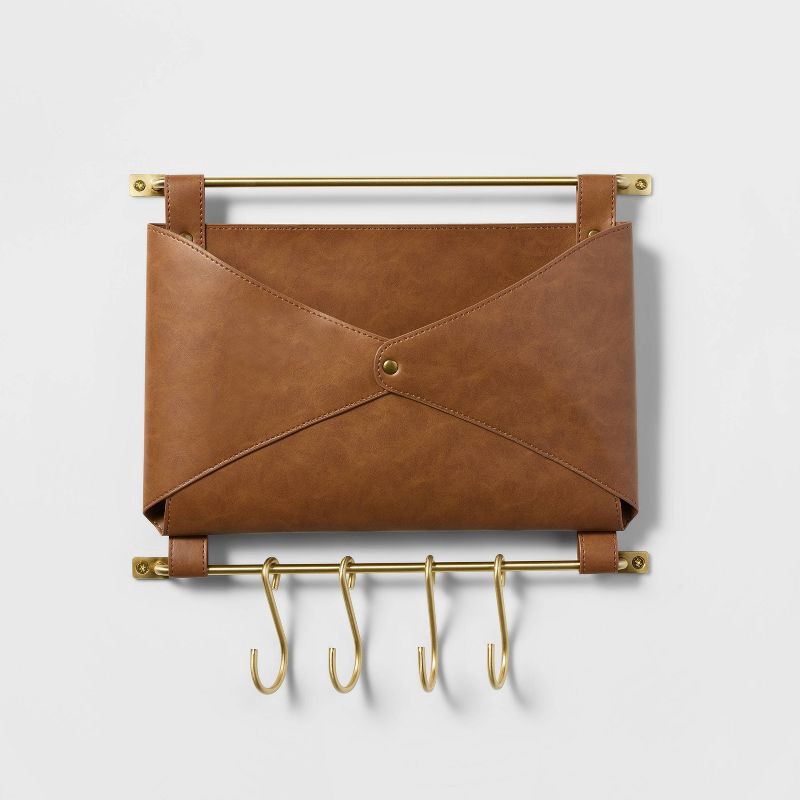 slide 3 of 3, Entryway Organizer Faux Leather and Gold - Threshold™: Wall Mounted Mail Holder with Hooks, Brown, 14" Length, 1 ct