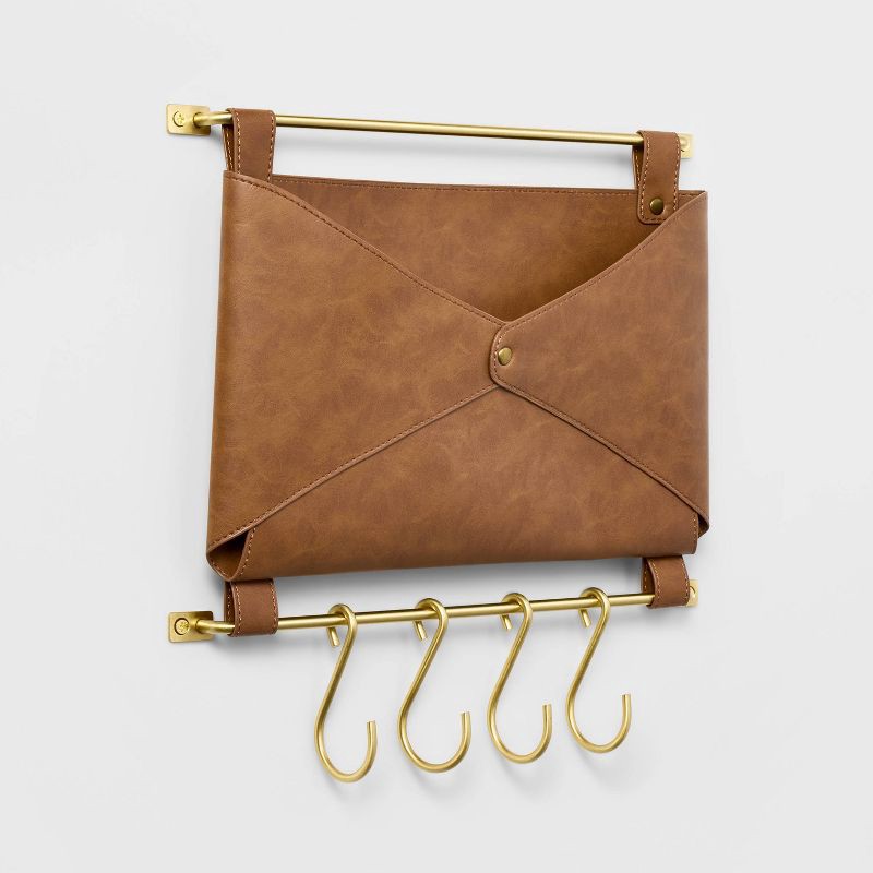 slide 1 of 3, Entryway Organizer Faux Leather and Gold - Threshold™: Wall Mounted Mail Holder with Hooks, Brown, 14" Length, 1 ct