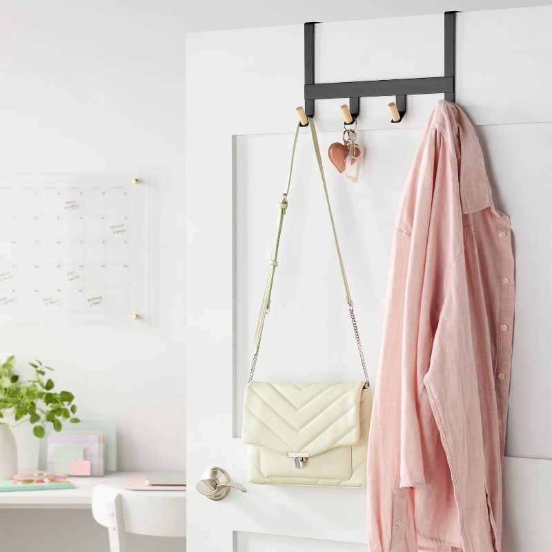 slide 2 of 3, Mixed Material Over The Door 4 Hooks Rail Light Wood on Matte Black - Brightroom™: Back of Door Coat & Towel Rack, 1 ct