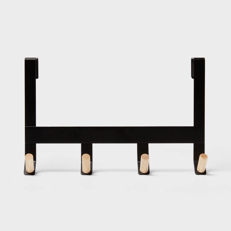 slide 3 of 3, Mixed Material Over The Door 4 Hooks Rail Light Wood on Matte Black - Brightroom™: Back of Door Coat & Towel Rack, 1 ct