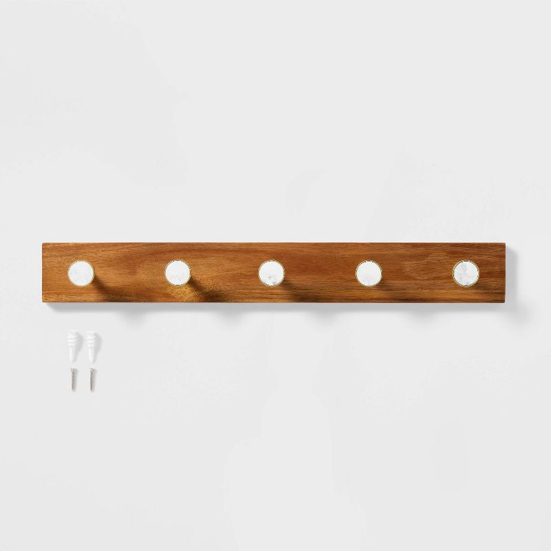 slide 3 of 3, Metal and Faux Marble 5 Gold Hooks Rail on Acacia Wood - Threshold™: Wall Mounted Decorative Hook Racks, Coat Hooks, 1 ct