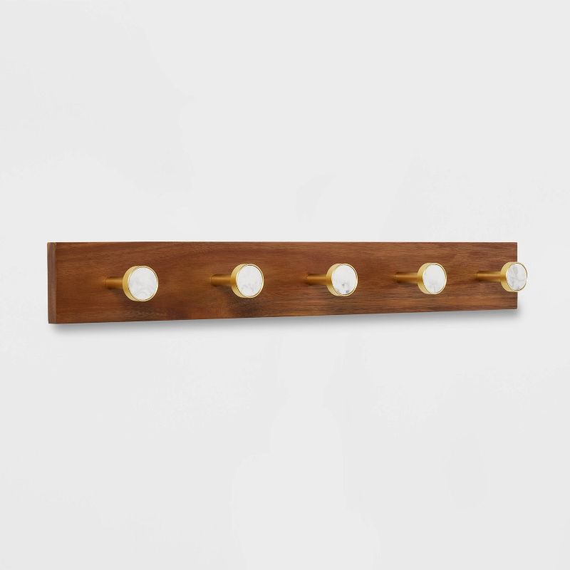 slide 1 of 3, Metal and Faux Marble 5 Gold Hooks Rail on Acacia Wood - Threshold™, 1 ct