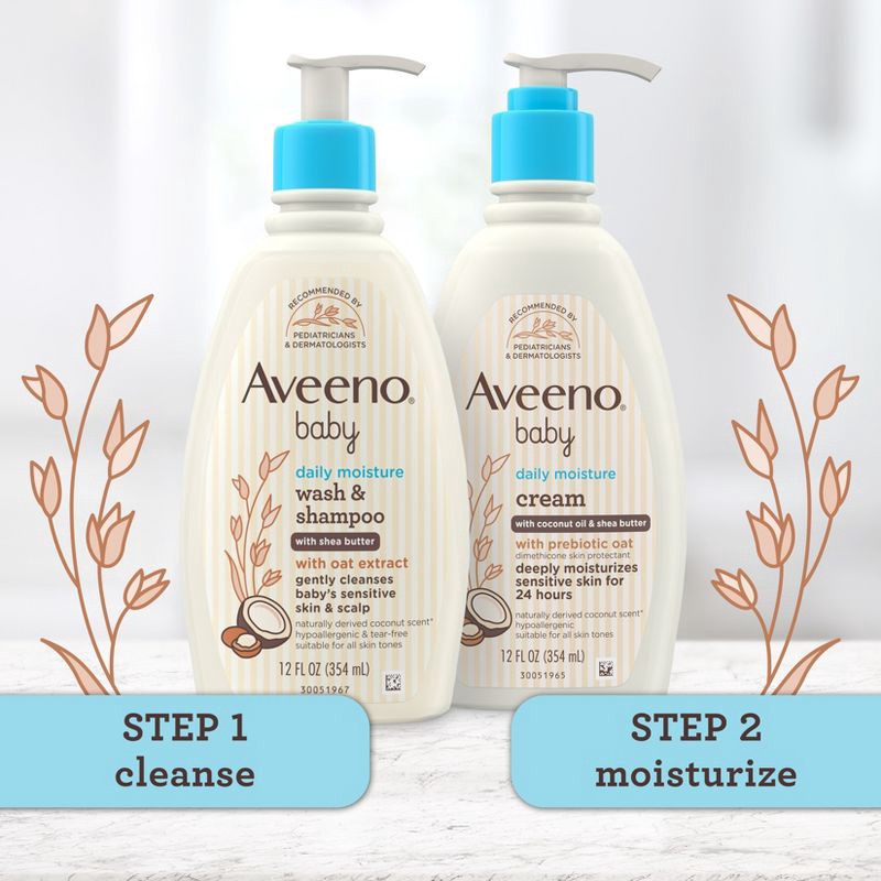 slide 8 of 8, Aveeno Baby Daily Moisturizing 2-in-1 Wash & Shampoo with Shea Butter & Oat Extract - Coconut Scent - 12 fl oz, 12 fl oz