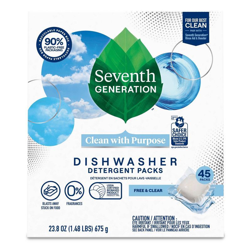 slide 2 of 8, Seventh Generation Free & Clear Natural Dishwasher Detergent Packs - 45ct, 45 ct