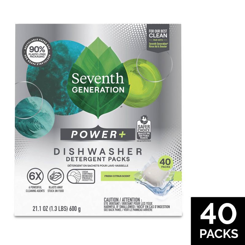 slide 1 of 9, Seventh Generation Fresh Citrus Natural Power Plus Dishwasher Detergent Packs - 21.1oz/40ct, 21.1 oz, 40 ct