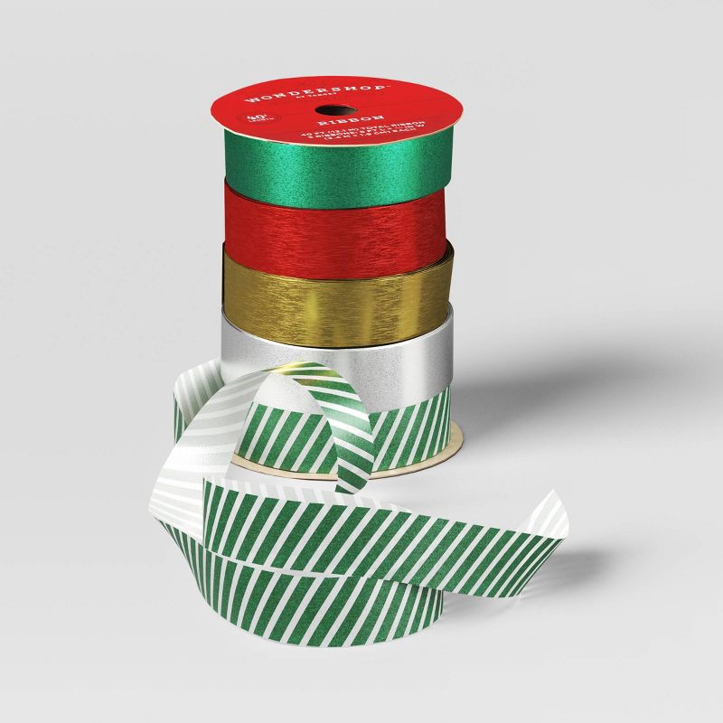 slide 3 of 3, 5 End Flat Christmas Ribbon 40' Green/Red/Gold - Wondershop™: Gift Wrap, 0.75" Width, 1 ct