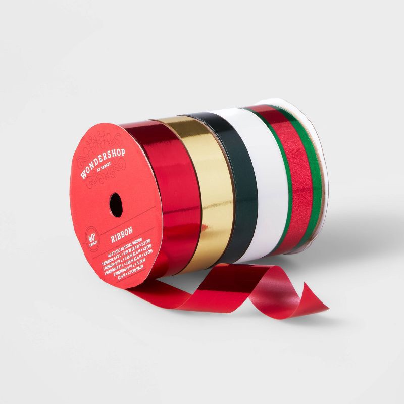 slide 1 of 3, 5 End Flat Christmas Ribbon 40' Green/Red/Gold - Wondershop™: Gift Wrap, 0.75" Width, 1 ct