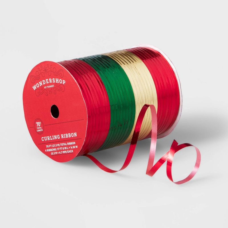 slide 1 of 3, 4 End Christmas Curl Ribbon 70' Red/Green/Gold - Wondershop™, 1 ct