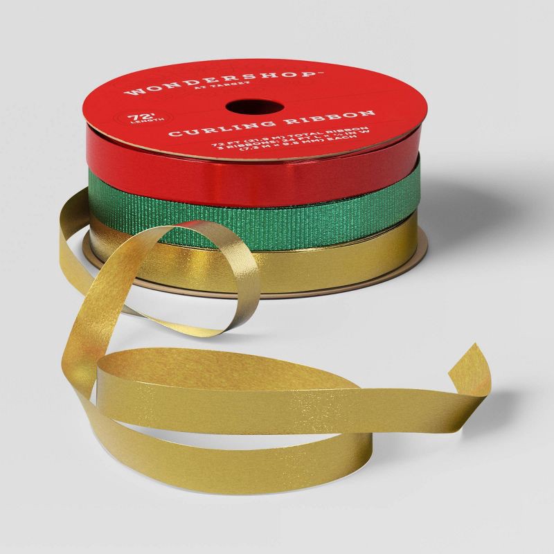 slide 3 of 3, 3/8" Christmas Curl Ribbon 72' Red/Green/Gold - Wondershop™: Gift Wrap, Festive Party Decor, 1 ct